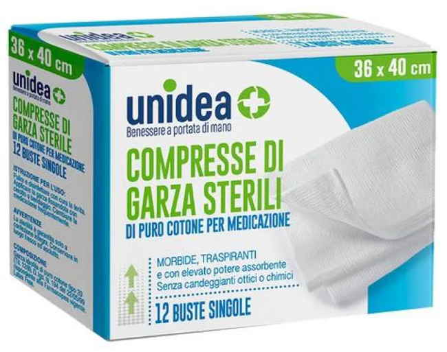 GARZA COMPRESSA UNIDEA COTONE 36X40 CM 12 PEZZI GARZA COMPRESSA UNIDEA COTONE 36X40 CM 12 PEZZI