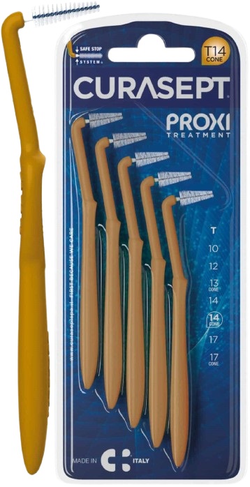 SCOVOLINO CURASEPT PROXI ANGLE MISURA T14 CONICO ISO 4 COLORE OCRA DIAMETRO 1,4 MM 5 PEZZI SCOVOLINO CURASEPT PROXI ANGLE MISURA T14 CONICO ISO 4 COLORE OCRA DIAMETRO 1,4 MM 5 PEZZI